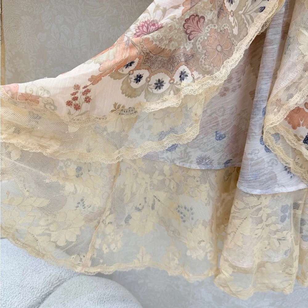 Zimmermann Floral Lace Tiered High-Low Midi Skirt in Cream with Pastel Accents
